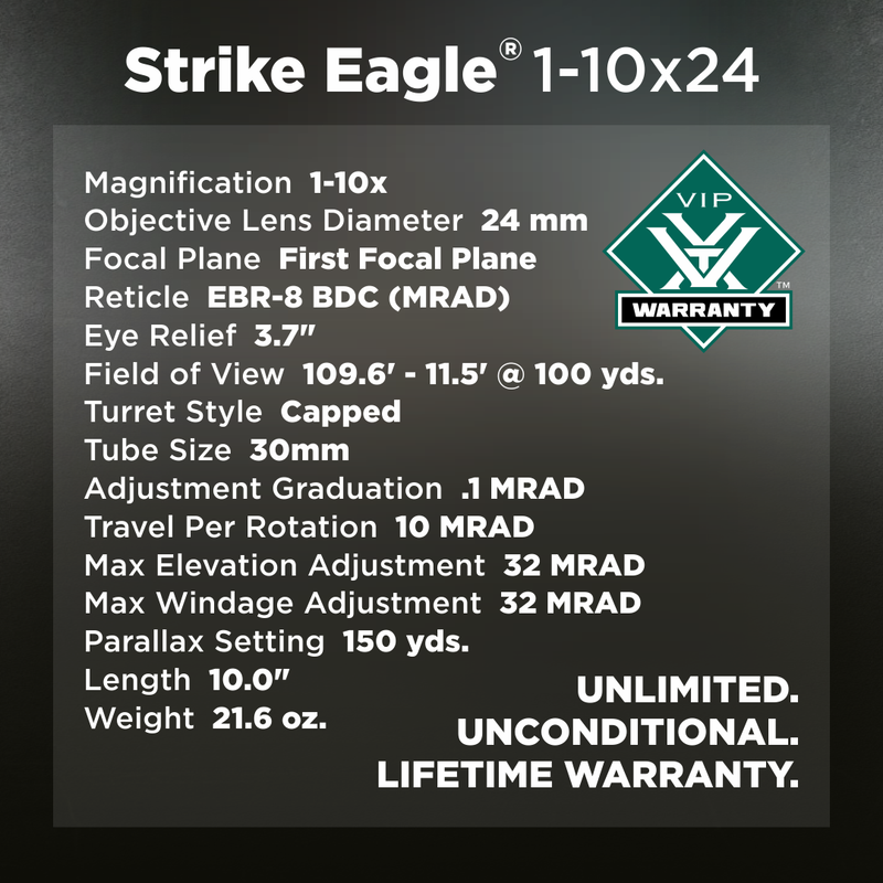 Vortex Optics Strike Eagle 1-10x24 FFP EBR-8 BDC (MRAD) Reticle 30mm Tube Riflescope