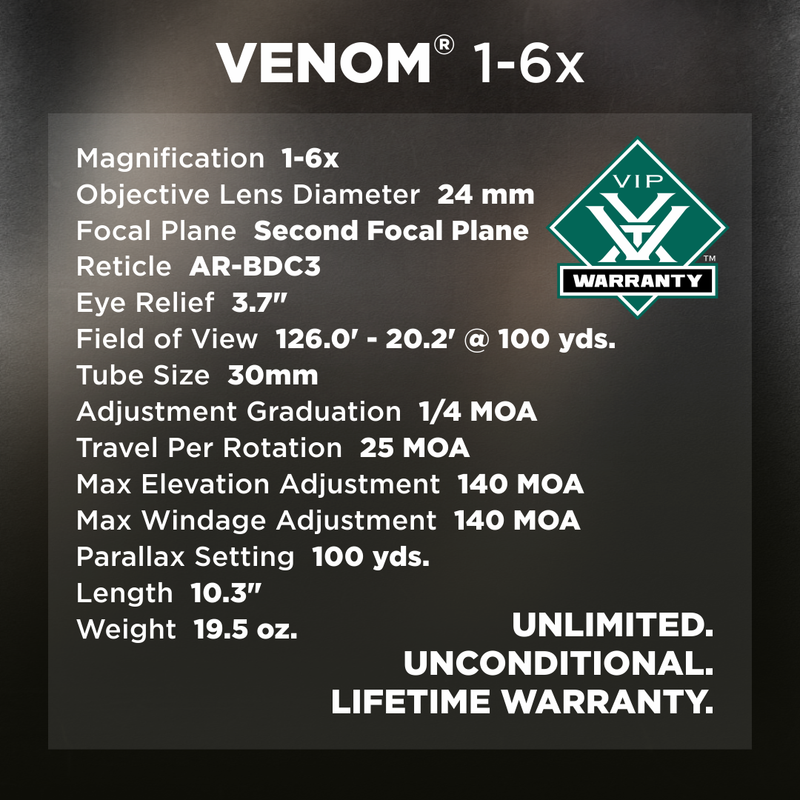 Vortex Optics Venom 1-6x SFP AR-BDC3 MOA Reticle 30mm Tube Riflescope + Sport Mount Bundle (BNDL-VEN1601-SCM)