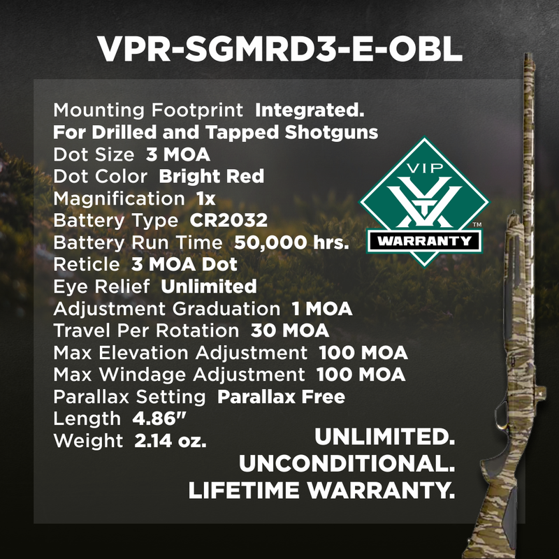 Vortex Optics Viper Enclosed Micro Mossy Oak Bottomland 1x 3 MOA Red Dot Sight (VPR-SGMRD3-E-OBL)