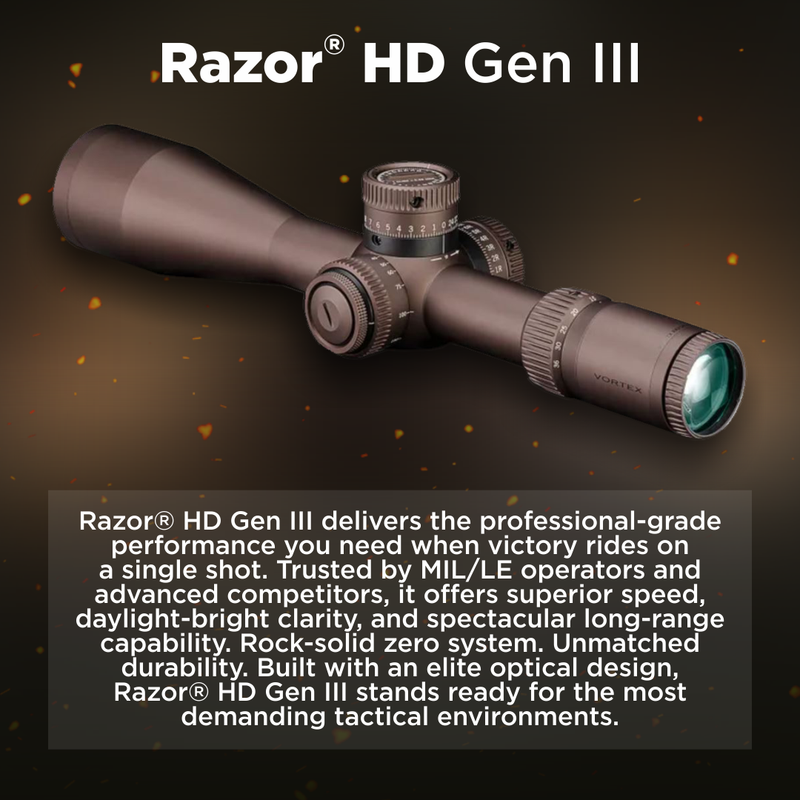 Vortex Razor HD Gen III First Focal Plane Riflescopes, Anodized Stealth, 6-36x56, VMR-5 MOA, RZR-63603