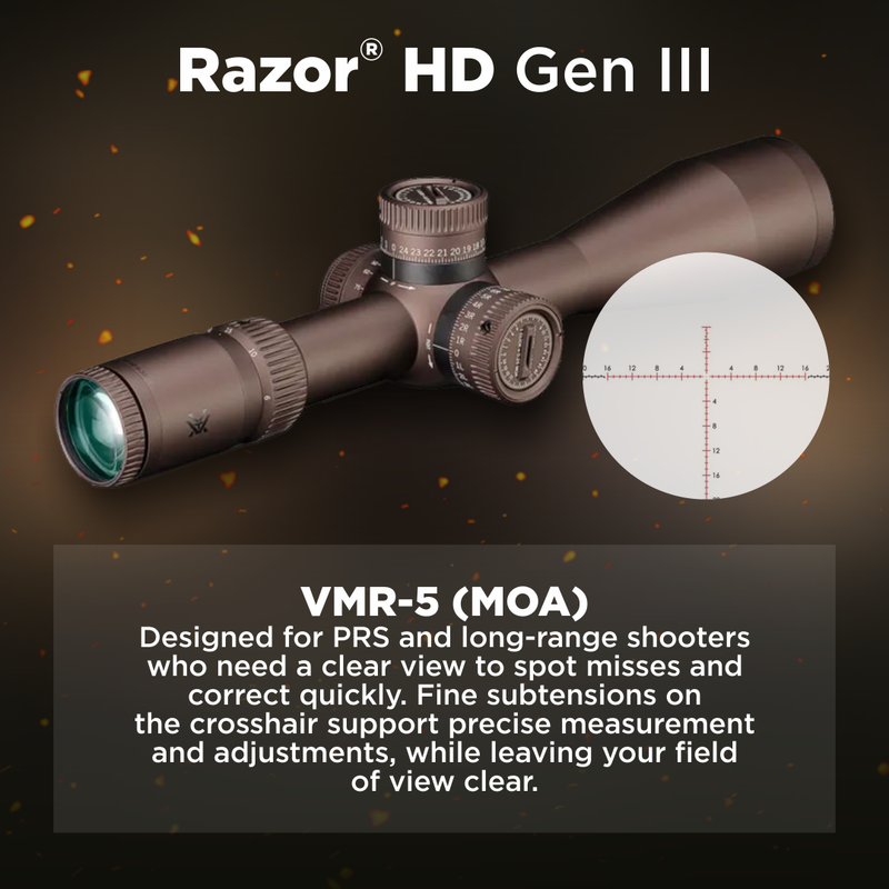 Vortex Razor HD Gen III First Focal Plane Riflescopes, Anodized Stealth, 6-36x56, VMR-5 MOA, RZR-63603