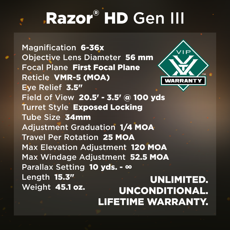 Vortex Razor HD Gen III First Focal Plane Riflescopes, Anodized Stealth, 6-36x56, VMR-5 MOA, RZR-63603