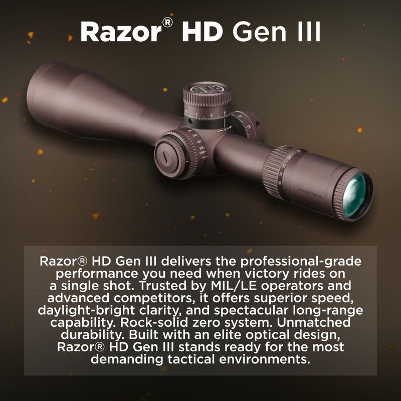 Vortex Razor HD Gen III First Focal Plane Riflescopes, Anodized Stealth, 6-36x56, VMR-5 MRAD, RZR-63604
