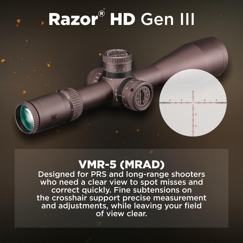 Vortex Razor HD Gen III First Focal Plane Riflescopes, Anodized Stealth, 6-36x56, VMR-5 MRAD, RZR-63604