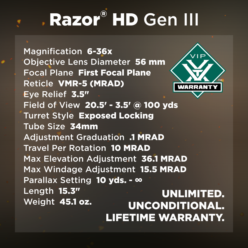 Vortex Razor HD Gen III First Focal Plane Riflescopes, Anodized Stealth, 6-36x56, VMR-5 MRAD, RZR-63604