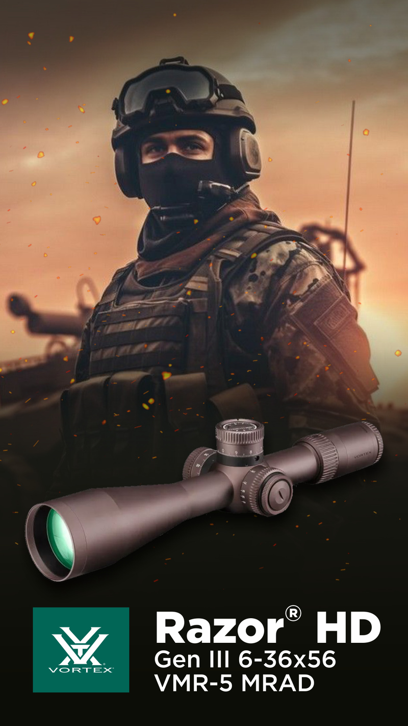 Vortex Razor HD Gen III First Focal Plane Riflescopes, Anodized Stealth, 6-36x56, VMR-5 MRAD, RZR-63604