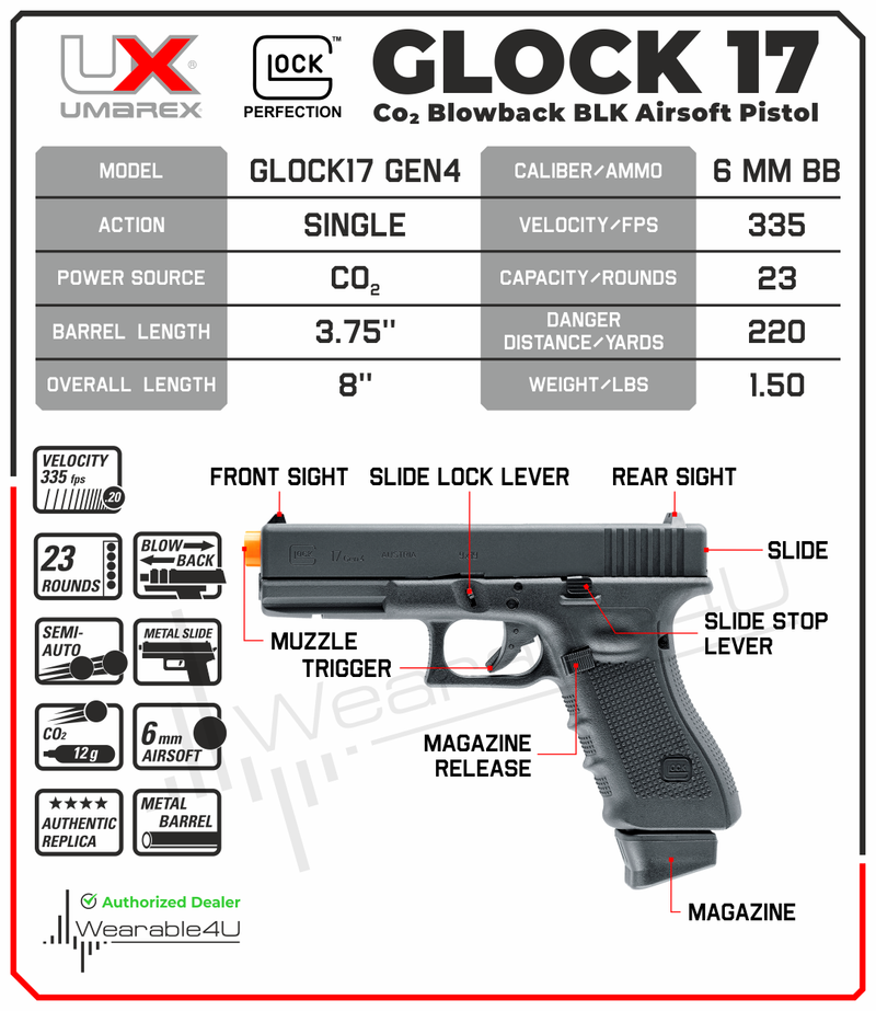 Umarex Glock G17 Gen 4 CO2 Blowback 6 mm Airsoft Pistol, Black (2276318)