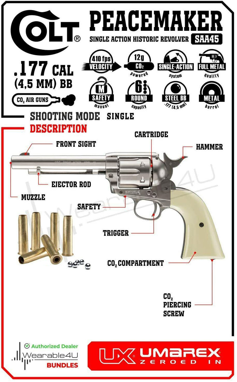 Umarex Colt Peacemaker SAA45 СO2 .177 Cal Nickel Single Action Six-Shooter Air Pistol (2254048)
