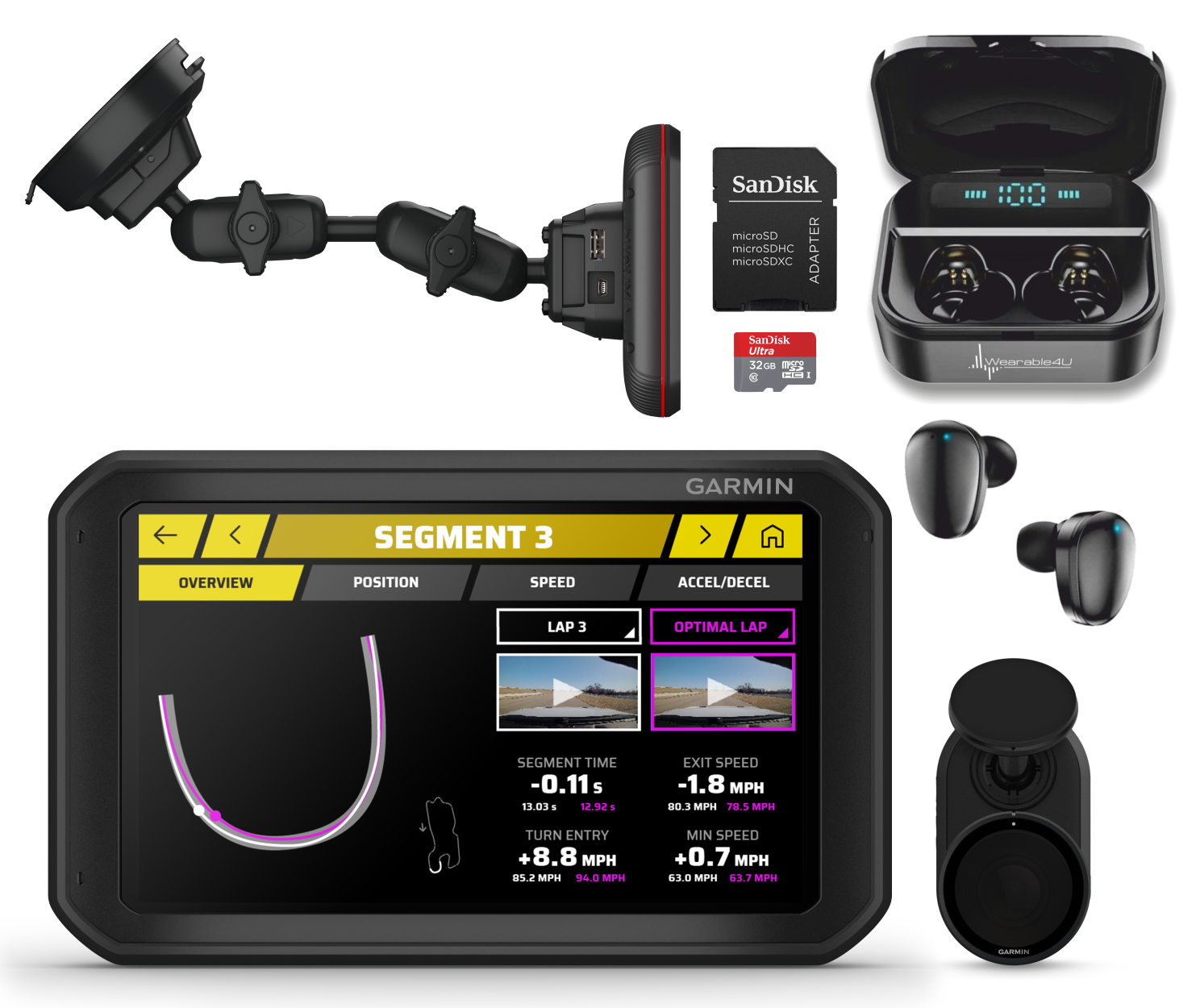 Garmin Catalyst, Driving Performance Optimizer for Motorsports and High Performance Driving, 6.95 inch with Wearable4U Bundle + Earbuds + microSD