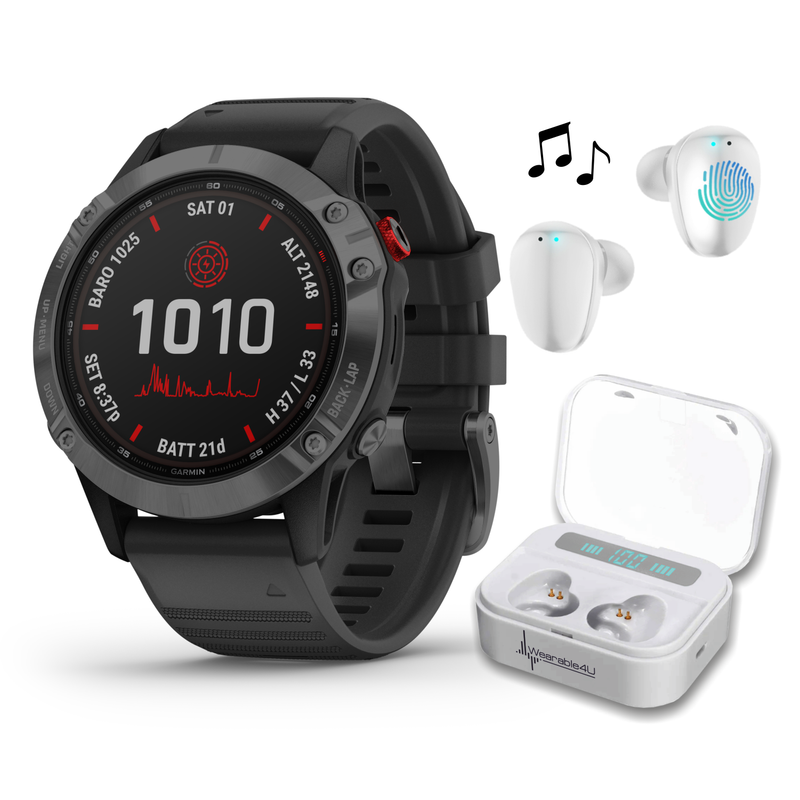 Garmin Fenix 6 Pro Solar Premium Multisport GPS Watches with Wearable4U Bundle (Earbuds or Power Pack)