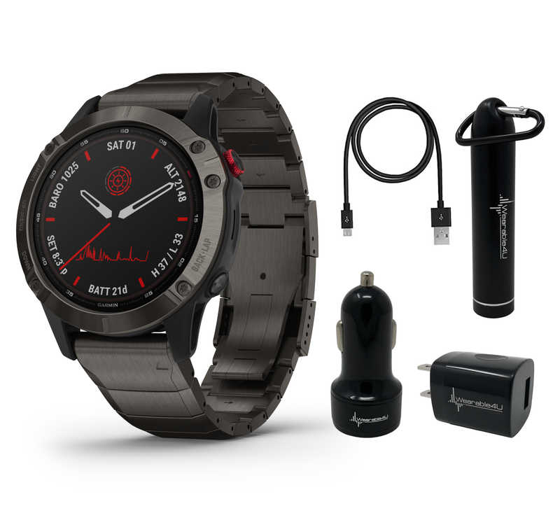 Garmin Fenix 6 Pro Solar Premium Multisport GPS Watches with Wearable4U Bundle (Earbuds or Power Pack)