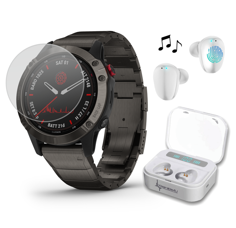 Garmin Fenix 6 Pro Solar Premium Multisport GPS Watches with Wearable4U Ultimate EarBuds Bundle