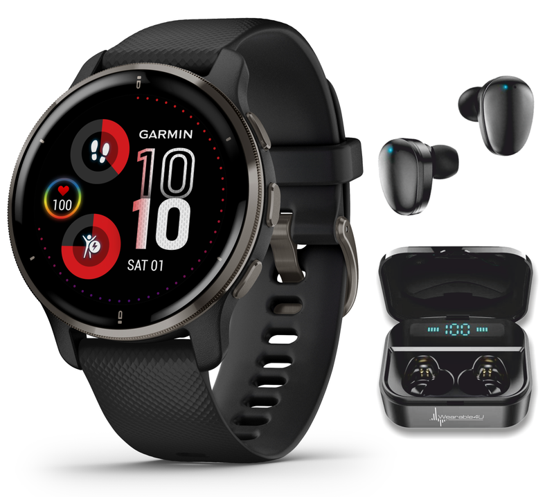 Garmin Venu 2 Plus GPS Multisport Smartwatch with Call and Text, Music, Adv HM+FF and Wearable4U EarBuds Bundle
