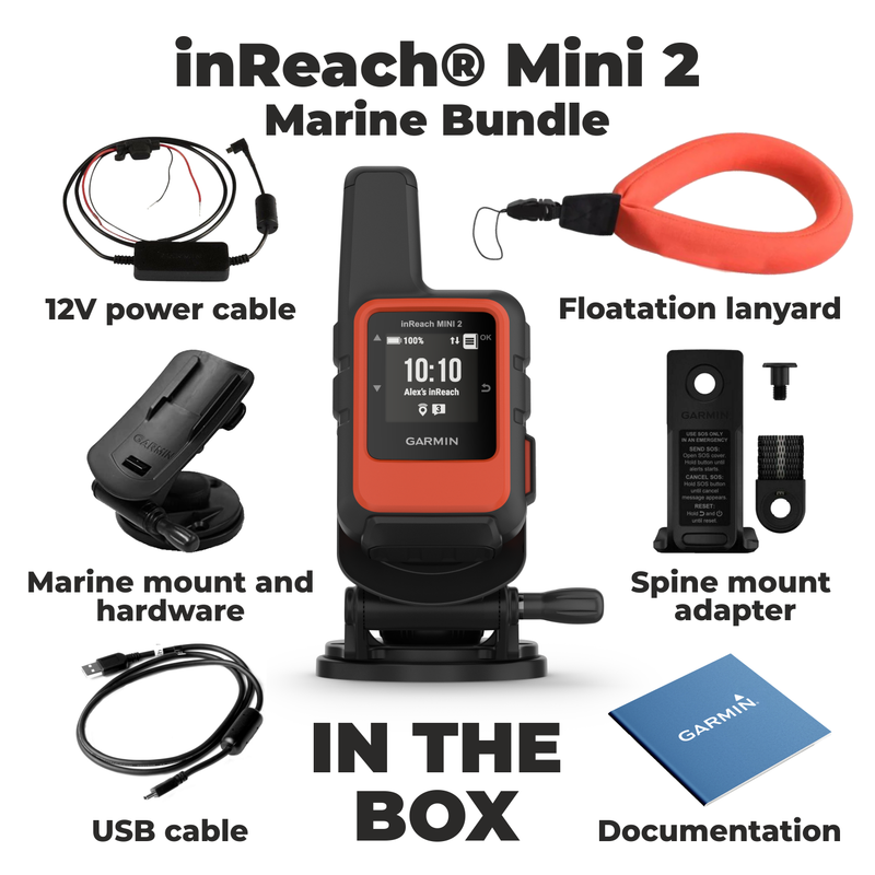 Garmin inReach Mini 2 Marine Bundle, Compact Satellite Communicator, Portable Boating Handheld with Wearable4U Power Bundle