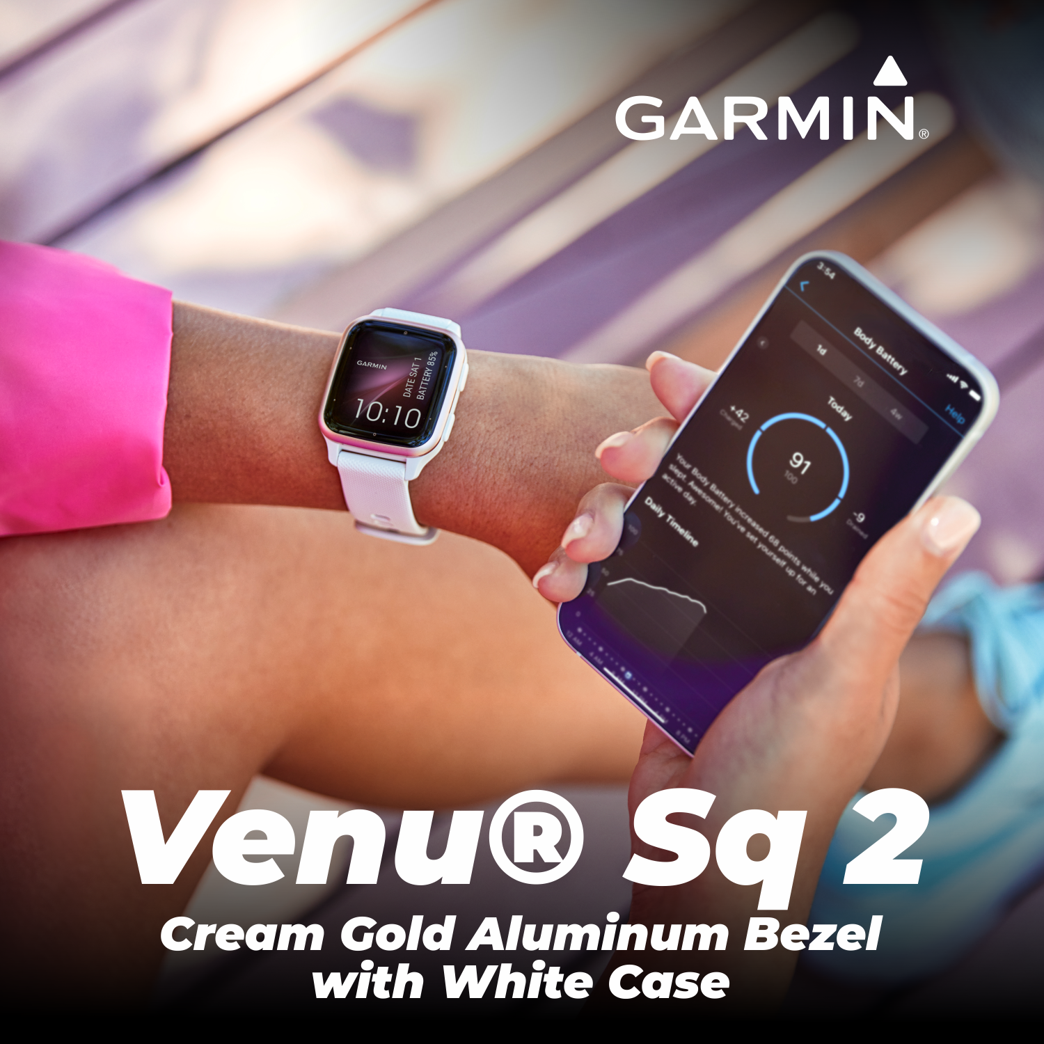 Garmin Venu Sq 2 Music Cream Gold Aluminum Bezel with French Gray Band