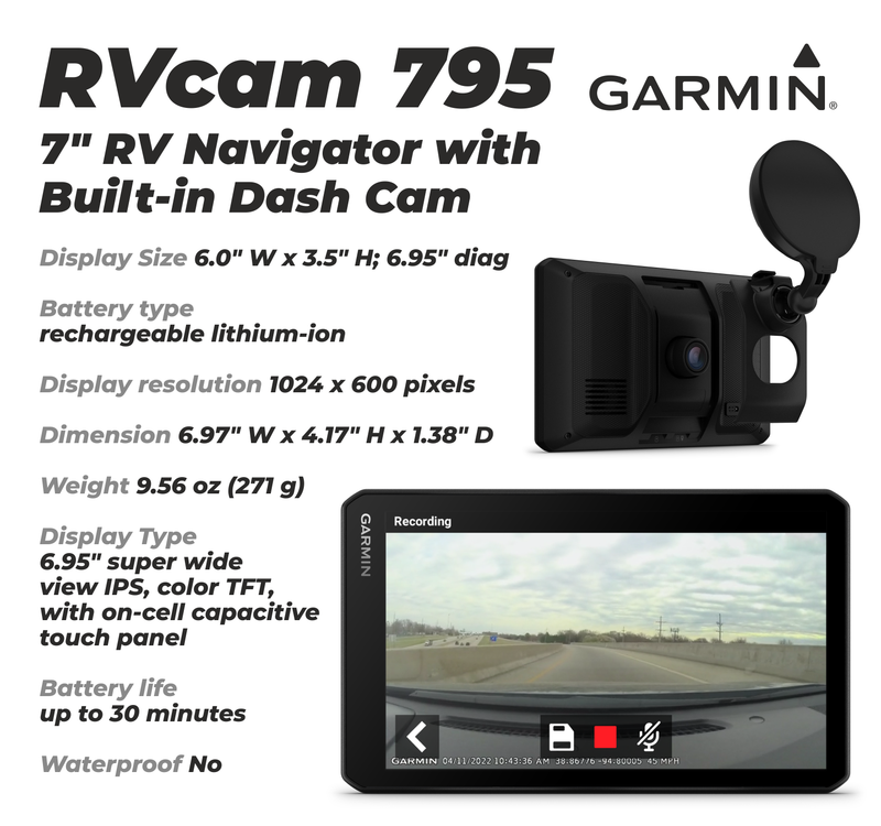Garmin RV Cam 795, Large, Easy-to-Read 7” GPS RV Navigator, Built-in Dash Cam, Automatic Incident Detection with Power Pack Bundle