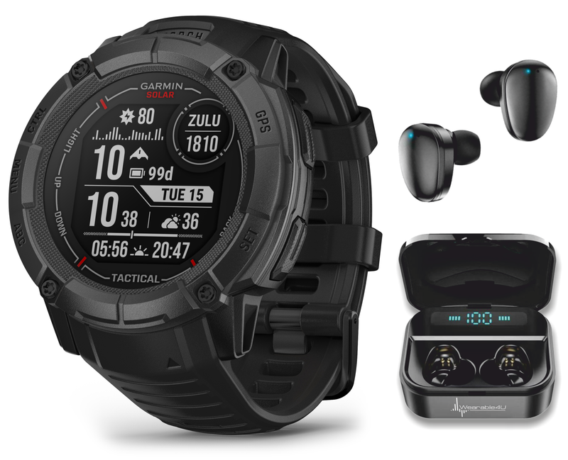 Garmin Instinct 2X Solar Series Rugged GPS Men Smartwatch with Power Glass Lens, LED Flashlight with Wearable4U EarBuds Bundle