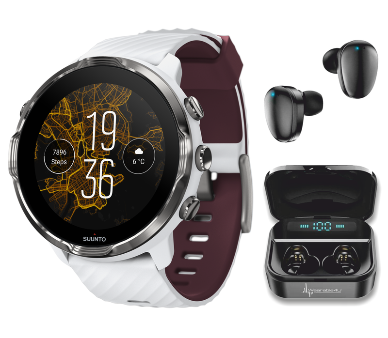 SUUNTO 7 White Burgundy GPS Smartwatch with Versatile Sports Experience with Wearable4U EarBuds Power Bundle