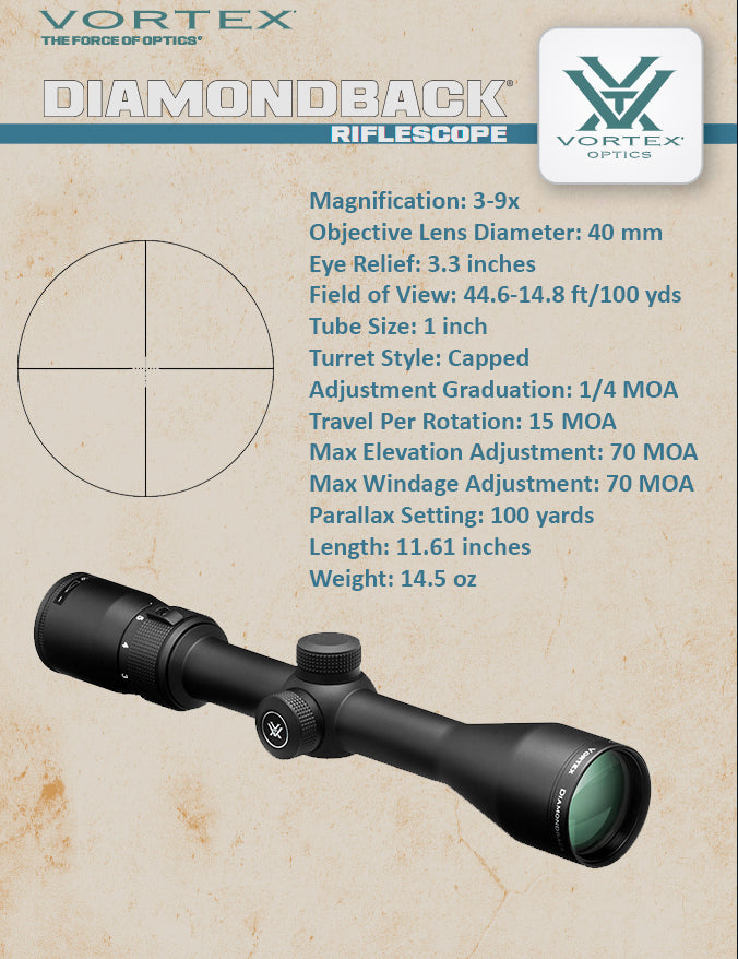 Vortex Optics Diamondback 3-9x40 Riflescope Dead-Hold BDC (MOA) Reticle,1 inch Tube