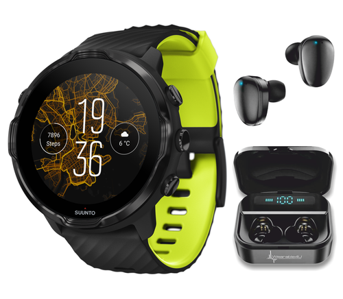 SUUNTO 7 Black Lime GPS Sports Smartwatch With Versatile Sports Experience with Wearable4U EarBuds Power Bundle