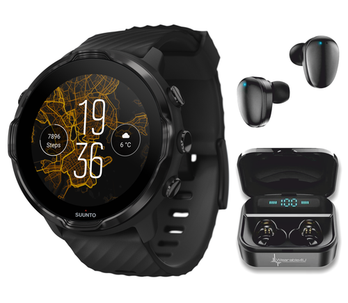 SUUNTO 7 Black GPS Smartwatch with Versatile Sports Experience with Wearable4U EarBuds Power Bundle