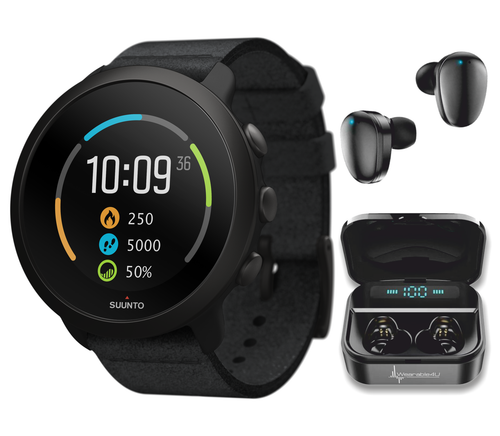 Suunto 3 Multisport Watch with Heart Rate Monitor, All Black with Wearable4U EarBuds Power Bundle