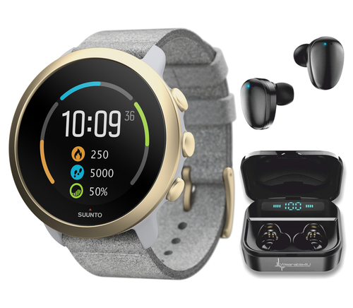 Suunto 3 Multisport Watch with Heart Rate Monitor, Pebble White Light Gold with Wearable4U EarBuds Power Bundle