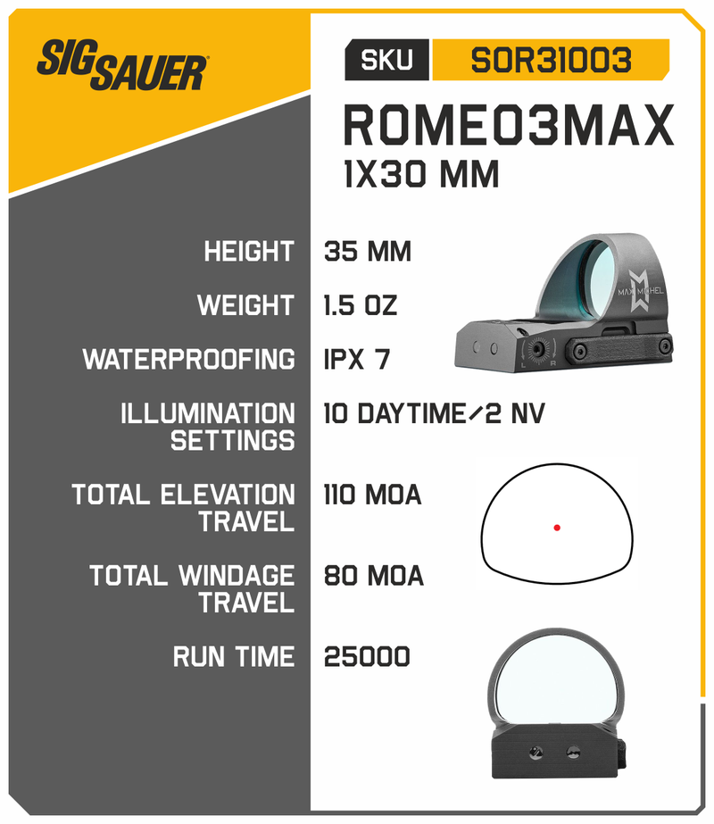 Sig Sauer ROMEO3MAX 1X30mm 3 or 6 MOA Waterproof and Fogproof Red Dot Sight