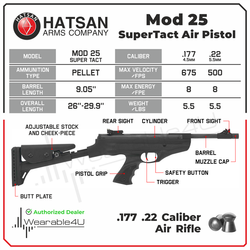 Hatsan Mod 25 Spring Piston SuperTact .177 Cal Single-Shot Break Barrel AirPistol with Wearable4U  .177 cal 500ct Pellets Bundle