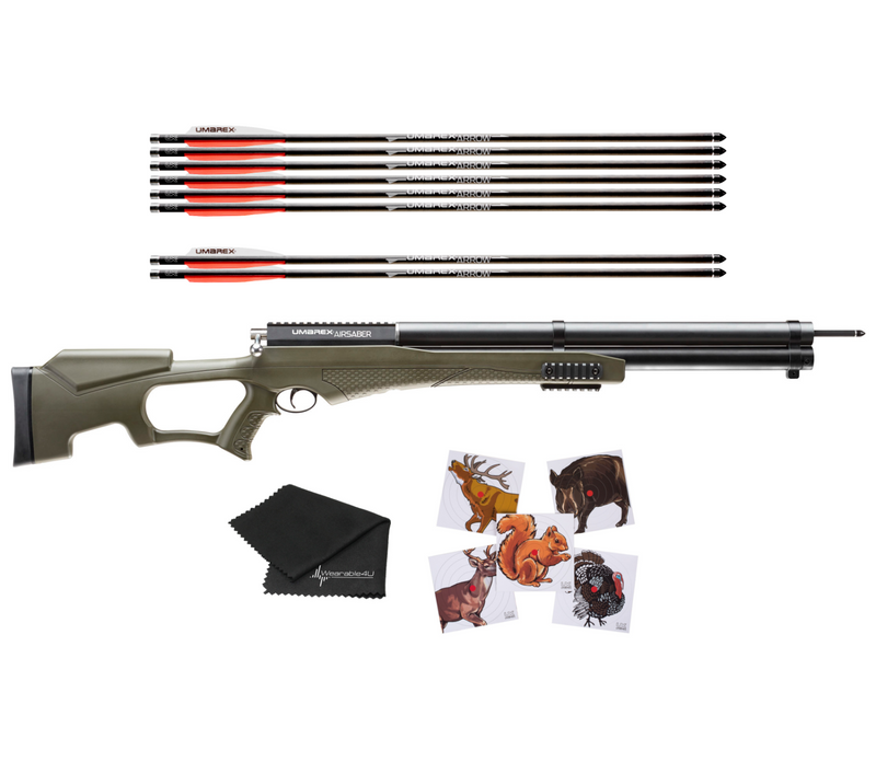 Umarex AirSaber PCP Powered Arrow Gun Air Rifle with 3 Carbon Fiber Arrows, Air Gun with included Wearable4U 100x Paper Targets and Cleaning Cloth or with Extra 6 Carbon Fiber Arrows Bundle (MAY VARY)