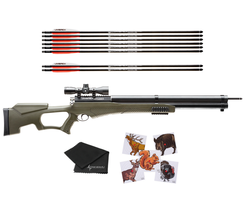 Umarex AirSaber PCP Powered Arrow Gun Air Rifle with 3 Carbon Fiber Arrows, Combo Kit Air Gun - Includes Axeon 4x32 Scope, Wearable4U 100x Paper Targets and Cleaning Cloth or with 6 Extra Carbon Fiber Arrows Bundle (MAY VARY)