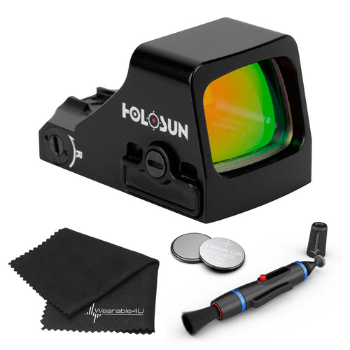 Holosun Classic Open Reflex Optical Red Dot Sight HS407K X2 with Wearable4U Lens Cleaning Pen, Extra CR1632 Battery and W4U Lens Cleaning Cloth Bundle