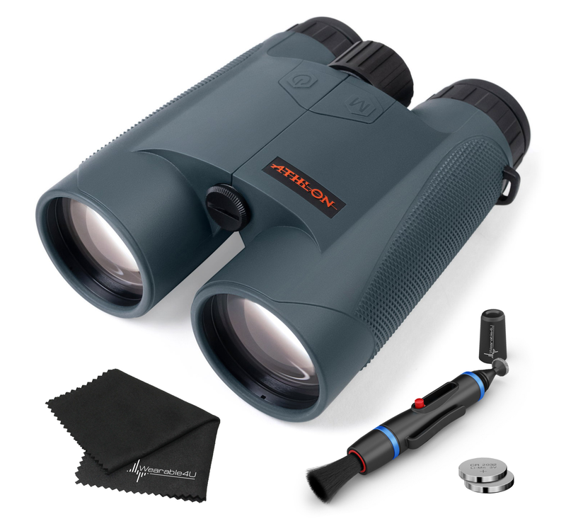 Athlon Optics 10x50 UHD Laser Rangefinder Binocular with included Extra Battery CR2032 and Wearable4U Lens Cleaning Pen and Lens Cleaning Cloth Bundle