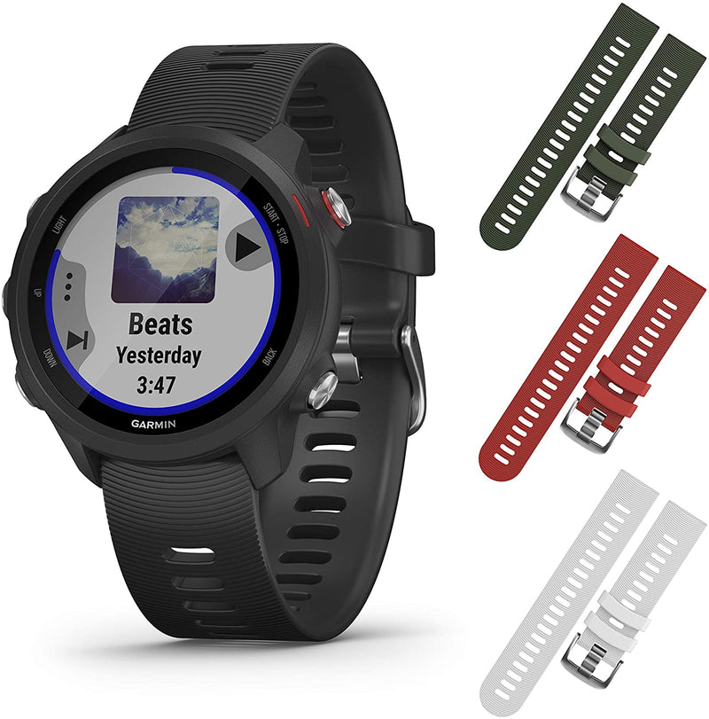 Garmin Forerunner 245 GPS Running Smartwatch with Included Wearable4U 3 Straps Bundle (Black Music 010-02120-20, Khaki/Red/White)