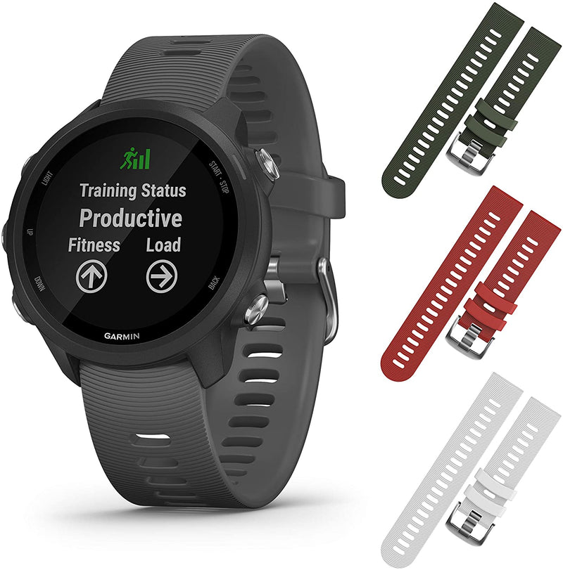 Garmin Forerunner 245 GPS Running Smartwatch with Included Wearable4U 3 Straps Bundle (Slate Grey 010-02120-00, Khaki/Red/White)