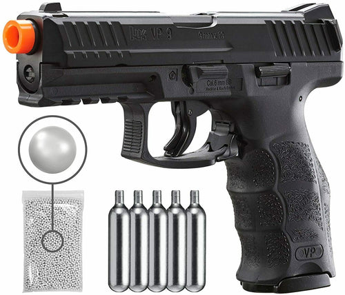 Umarex H&K VP9 Co2 - BLK Airsoft Pistol with Included 5x12 Gram CO2 Tanks and Wearable4U Pack of 1000 6mm 0.20g BBS Bundle
