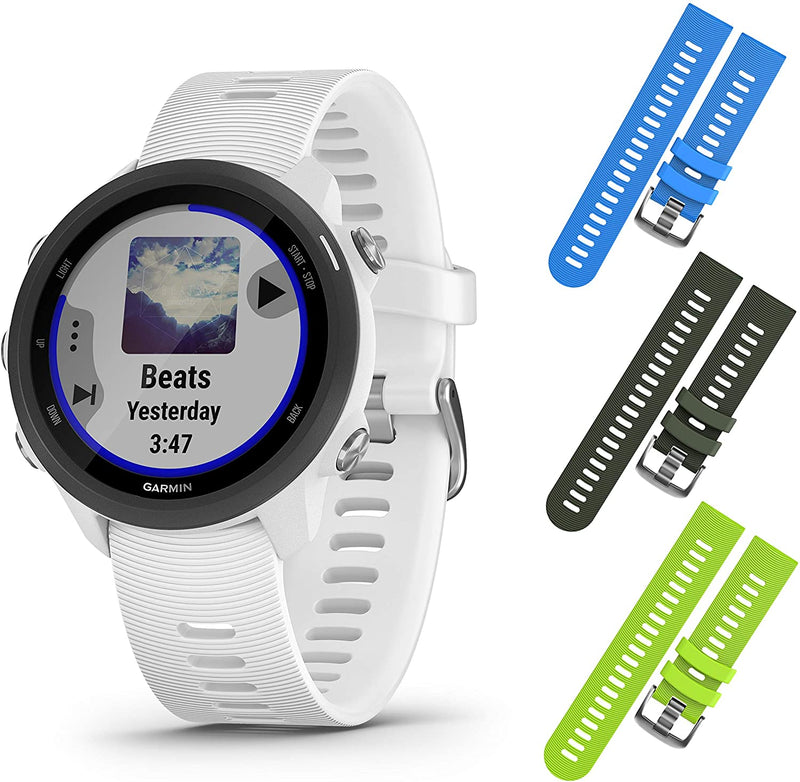 Garmin Forerunner 245 GPS Running Smartwatch with Included Wearable4U 3 Straps Bundle (White Music 010-02120-21, Blue/Khaki/Lime)