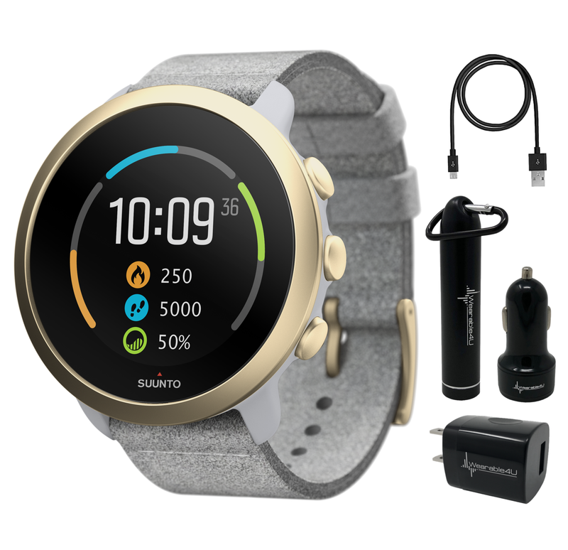 Suunto 3 Multisport Watch with Heart Rate Monitor, Pebble White Light Gold with Wearable4U Power Pack Bundle