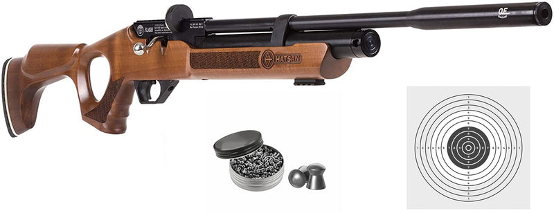 Hatsan Flash Wood QE .22 Cal Side Bolt Pre-Charged Pneumatic (PCP) Air Rifle with Pack of 250ct Pellets and 100x Paper Targets Bundle (Hardwood Stock)
