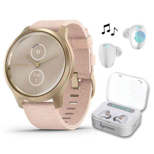 Garmin Vivomove 3 Style, Hybrid Smartwatch with White Earbuds Bundle (Blush Pink/Gold, Nylon)