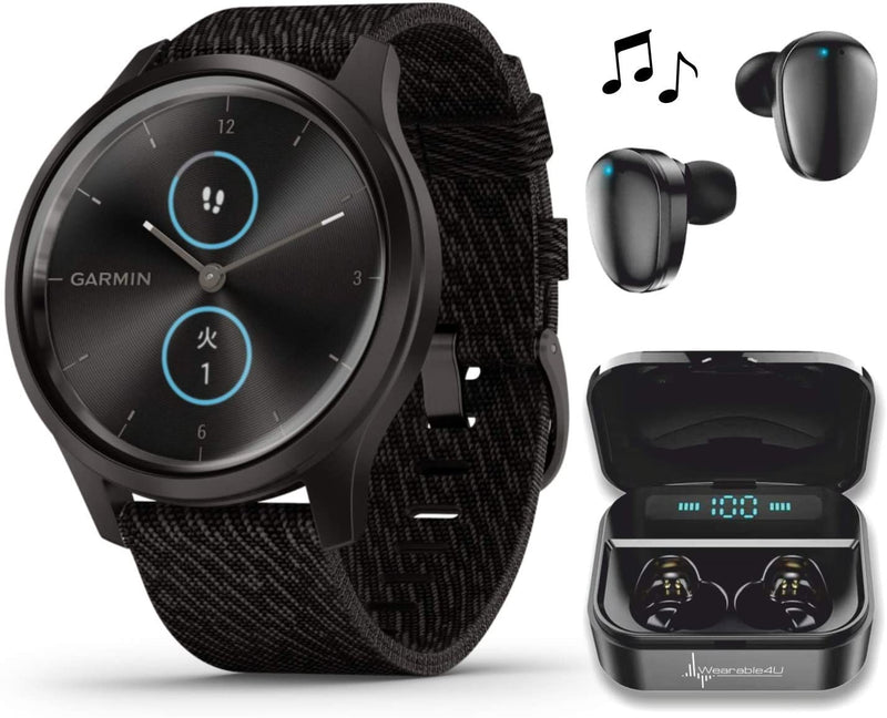Garmin Vivomove 3 Style, Hybrid Smartwatch with Included Wearable4U Ultimate Black Earbuds with Charging PowerBank Case Bundle (Black/Slate, Nylon)