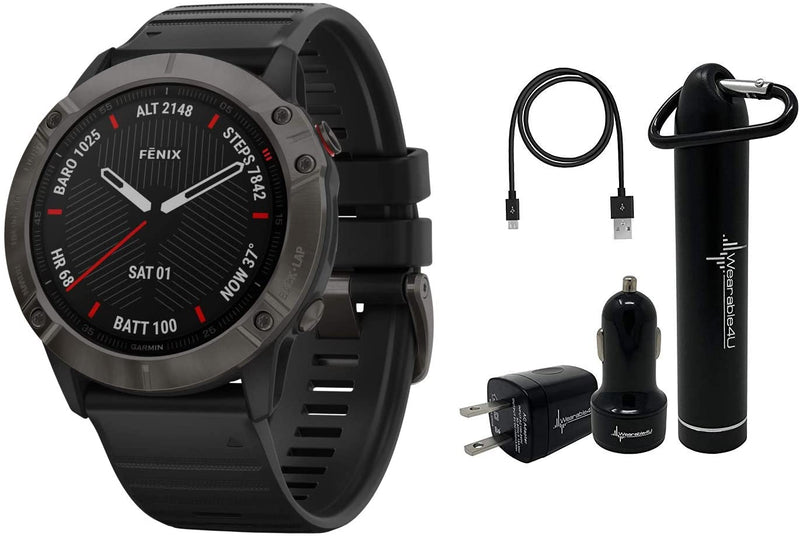 Garmin Fenix 6X Premium Multisport GPS Watches with Pulse OX, Routable Maps & Music and Power Pack Bundle (Sapphire, Carbon Gray DLC with Black Band)