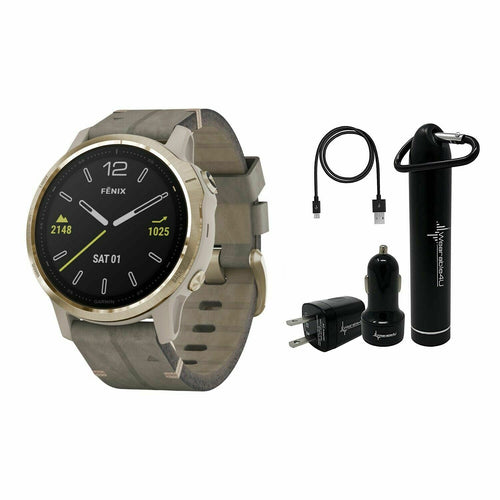 Garmin Fenix 6S Smaller-Sized Multisport GPS Watch with Ultimate Power Bundle (Sapphire/Light Gold-Tone with Shale Gray Leather Band)