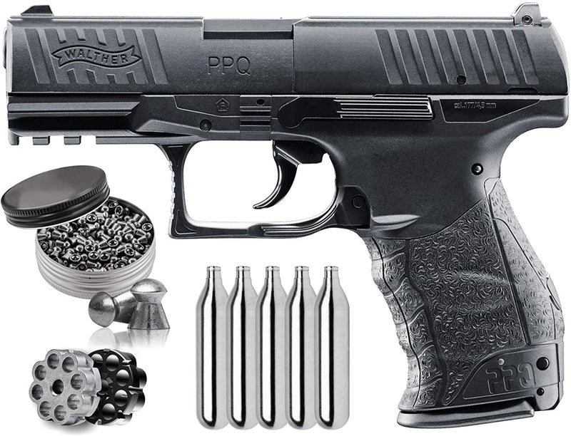 Umarex Walther PPQ .177 Caliber CO2 BBs or Pellets Air pistol, Black with 5x 12g CO2 Tanks and Wearable4U Pack of 500 Pellets Bundle