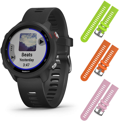 Garmin Forerunner 245 GPS Running Smartwatch with Included Wearable4U 3 Straps Bundle (Black Music 010-02120-20, Lime/Orange/Pink)