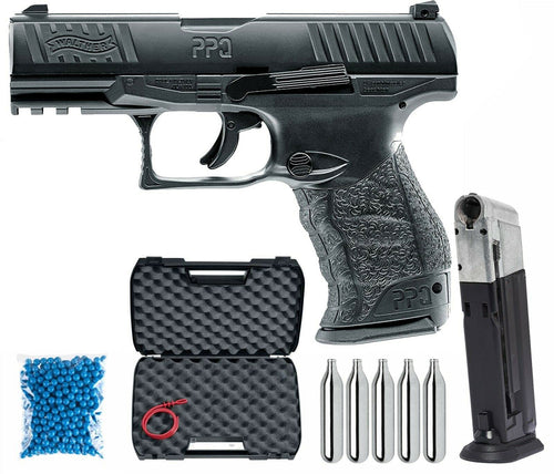 Umarex T4E Walther PPQ M2 CO2 .43 Cal Paintball Pistol Black with Pack of 100x Blue Paintballs and 5x12gr CO2 Tank and Extra Mag Bundle