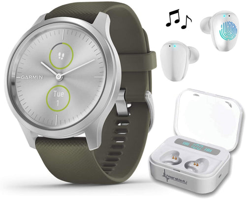 Garmin Vivomove 3 Style, Hybrid Smartwatch with Included Wearable4U Ultimate White Earbuds with Charging PowerBank Case Bundle (Moss Green/Silver)