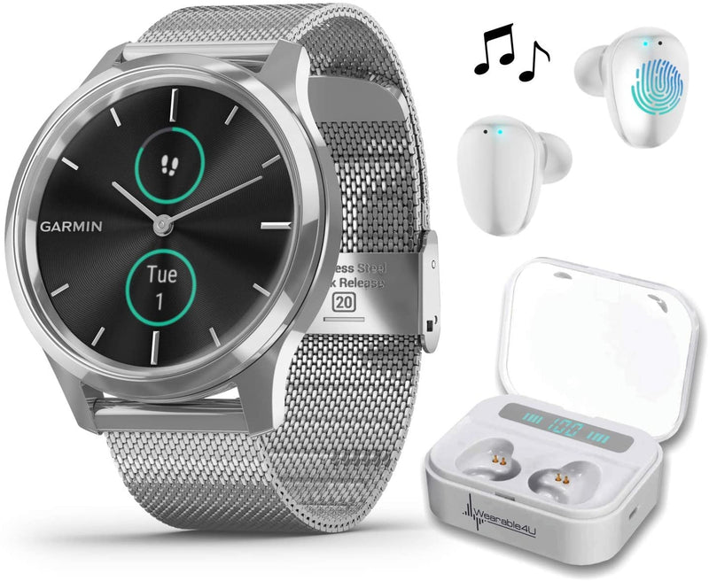 Garmin Vivomove 3 Luxe, Hybrid Smartwatch with Included Wearable4U Ultimate White Earbuds with Charging PowerBank Case Bundle (Silver/Black, Milanese)