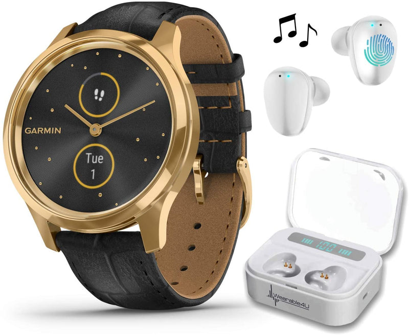 Garmin Vivomove 3 Luxe, Hybrid Smartwatch with White Earbuds Bundle (24K Gold/Black, Leather)