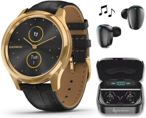 Garmin Vivomove 3 Luxe, Hybrid Smartwatch with Black Earbuds Bundle (24K Gold/Black, Leather)
